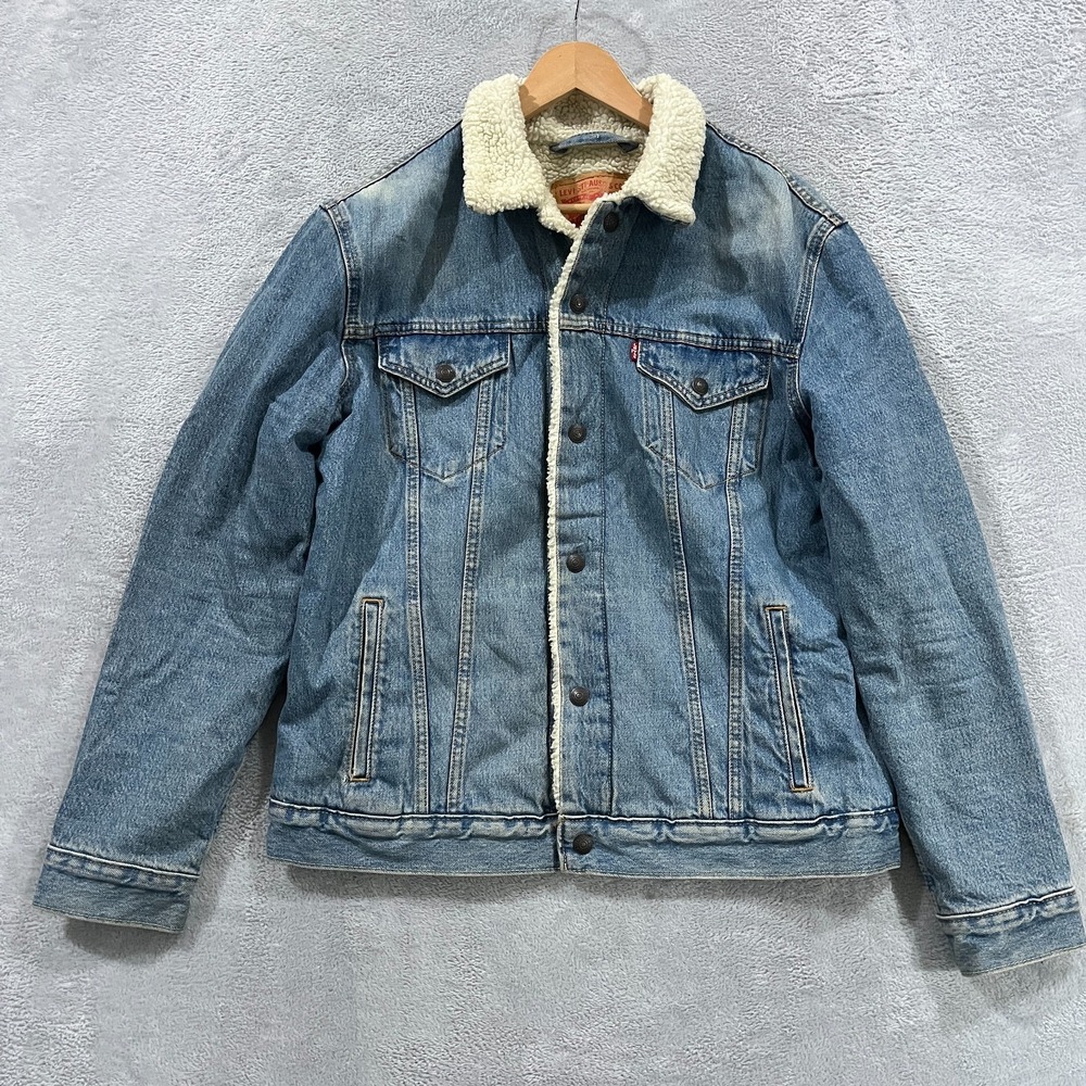 Levi's Trucker Jacket Mens Large Blue Denim Lined Red Tab Long Sleeve Snap Front